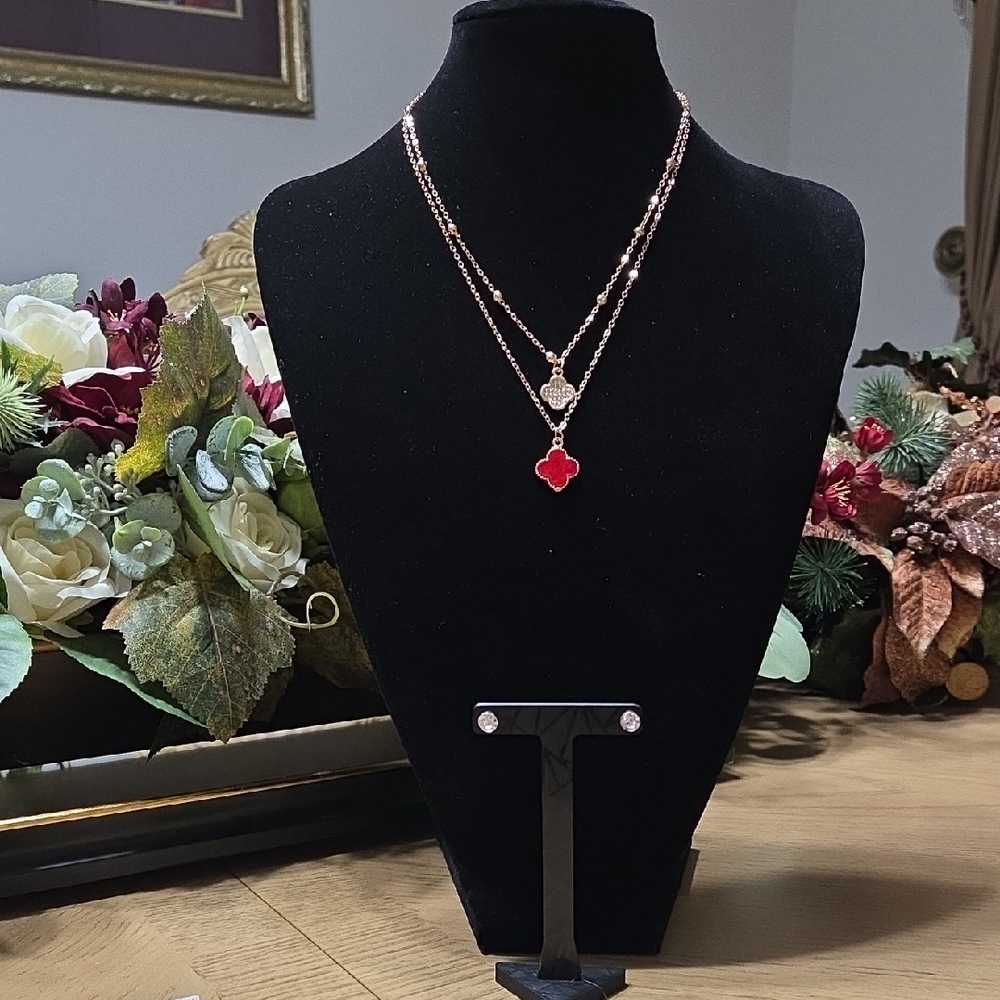 Gold Necklace with Red Clover and Small Pave Clover Charms